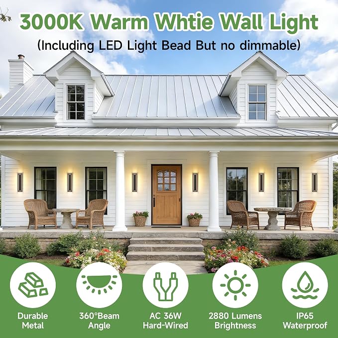 24 in Modern Outdoor Wall Light，2-Tier Exterior Lighting Fixtures | Black Outdoor Front Porch Light,Outside Light Fixtures For House,Garage,Patio,Waterproof,36W 3000K Warm White, 1 Pack