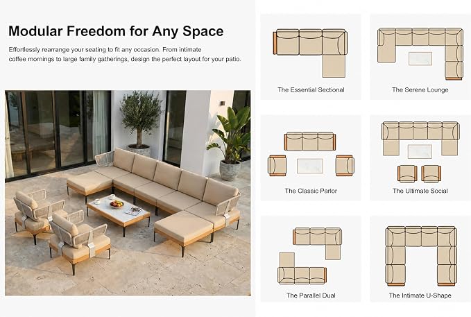 PURPLE LEAF Patio Furniture Set Outdoor Sectional Sofa with Coffee Table Fade-Resistant Cushions Wicker U-Shaped 9 Pieces Aluminum Conversation Sets for Balcony Yard Poolside Garden, Khaki