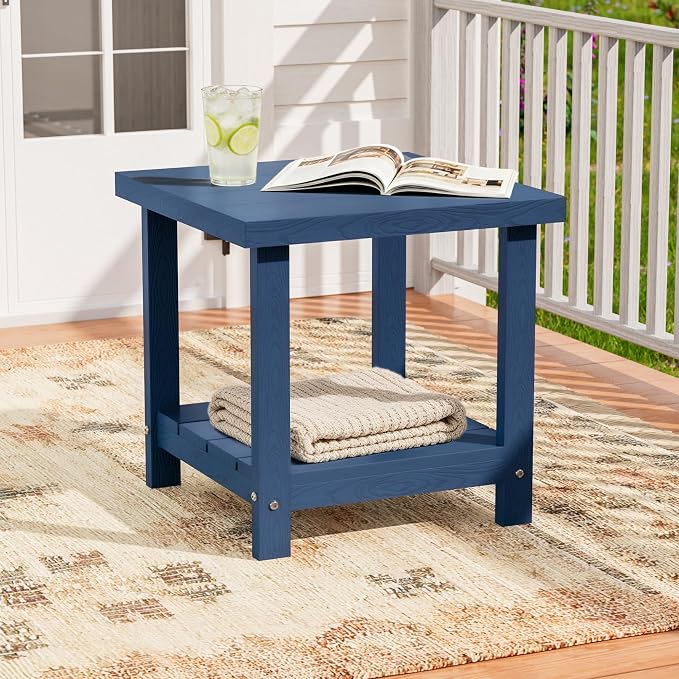 2-Tier HDPE Outdoor Square Side Table, Heavy-Duty Patio Side Table with Storage Shelf, Weather-Resistant Adirondack End Tables for Backyard, Pool, Porch, Garden, Lawn, Navy Blue