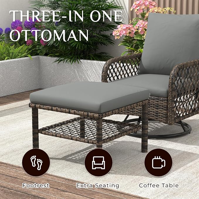 AECOJOY Patio Furniture Set Outdoor Sectional Sofa Couch and High Back Swivel Rocker Patio Chairs 6PCS Brown Wicker Conversation Set (Dark Grey, 6PCS- Whole Set)