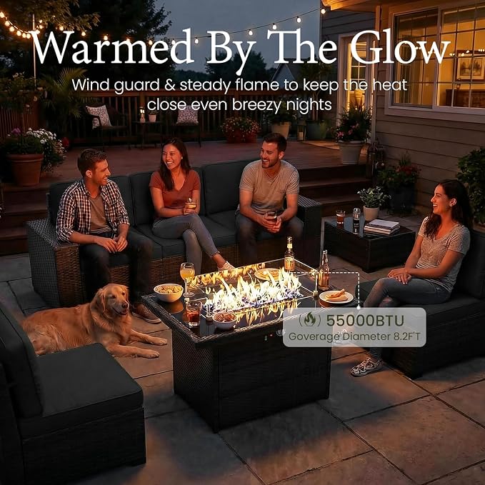 LayinSun 7 Pieces Outdoor Patio Furniture Set with 44" Fire Pit Table Brown Rattan Sectional Sofa Conversation Sets