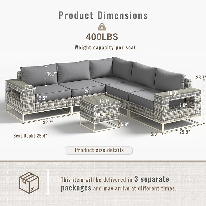 6-Piece Outdoor Patio Furniture Set, Modern PE Wicker Outdoor Sectional Sofa with Storage Armrests & 5.5" Thick Cushions, L-Shaped Couch for Deck, Porch, Backyard, Charcoal Gray
