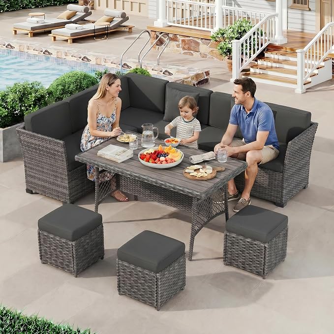 LOUVIXA 7 Pieces Patio Furniture Set, Outdoor Patio Furniture, Wicker Conversation Set with Dining Table, Chairs and Ottoman (6227 Grey-Grey)