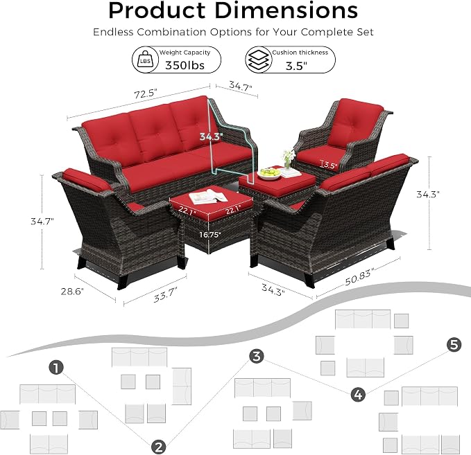 Outdoor Patio Furniture Set, 6 Piece Wicker Patio Furniture with Thick Cushions, Curved Armrest, Deep Seating, Rattan Outdoor Chairs for Porch, Deck, Balcony