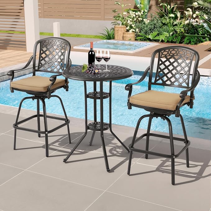 3-Piece Cast Aluminum Patio Bar Set, Outdoor Round High Top Table & 2 Swivel Bar Chairs with Cushions, All-Weather Bistro Table and Chairs Set for Patio, Lawn & Garden (1 Table +2 Swivel Chairs)