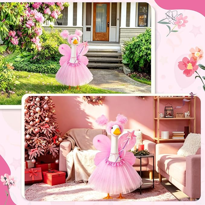 5pcs Butterfly Porch Goose Outfit Costume Tutu Skirt Butterfly Wing Wand Flower Crown for 17‘' 23‘' Cement Goose