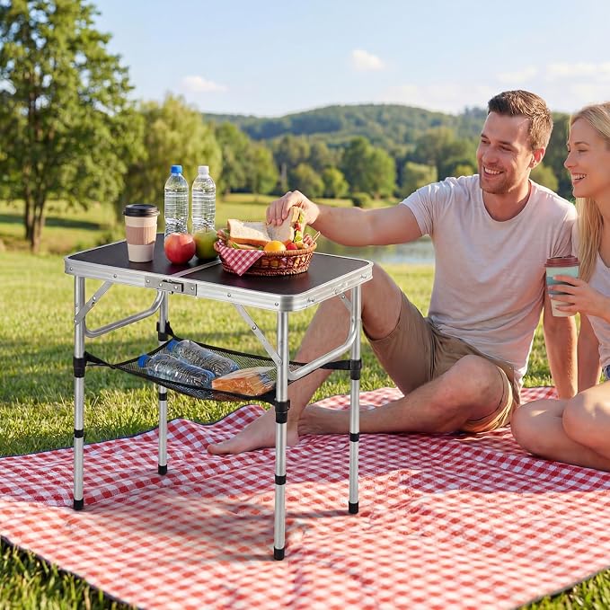 YihuiKo Folding Picnic Table with Storage Net, Black Folding Table 23.6" x 15.8", Adjustable Height Max 27.5", Lightweight Portable for Camping Travel Indoor