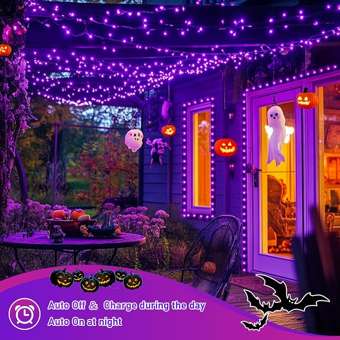 JMEXSUSS 2 Pack Solar Halloween Lights, 33FT 100 LED Purple Fairy Lights | Outdoor Waterproof, 8 Modes Solar String Lights for Outside Tree Party Patio Garden Christmas Halloween Decorations