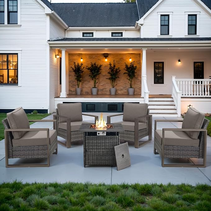 Belord Social 5 Pieces Patio Furniture Set - Patio Chairs Set of 4 with 50000BTU Propane Fire Pit Table, Durable Wicker Outdoor Conversation Set for Casual Gathering