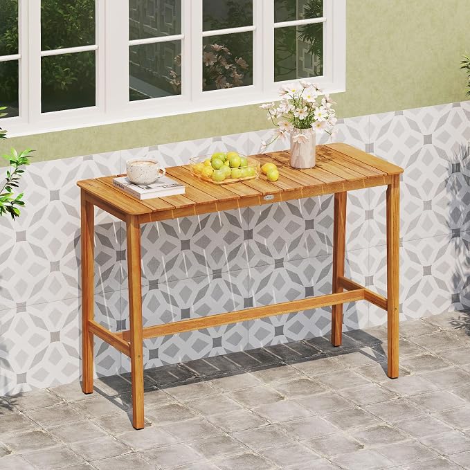 Outdoor Bar Table, 54" x 22" Acacia Wood Counter Height Table with Slatted Tabletop and Adjustable Feet, Rectangular High Top Dining Table for Patio, Yard, Balcony, Poolside