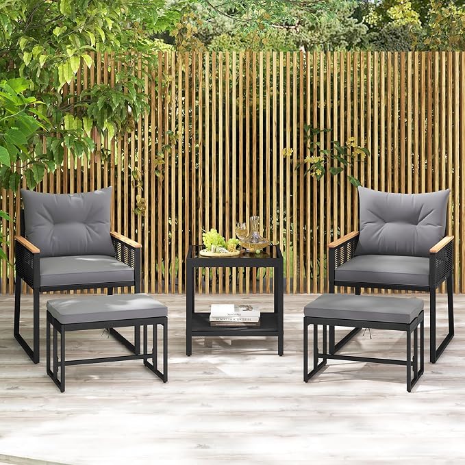 HAPPYGRILL 5 Piece Patio Conversation Set PE Rattan Wicker Chairs with 2 Ottomans, Soft Cushions and 2 Tier Coffee Table, Outdoor Furniture Set for Backyard, Garden and Poolside