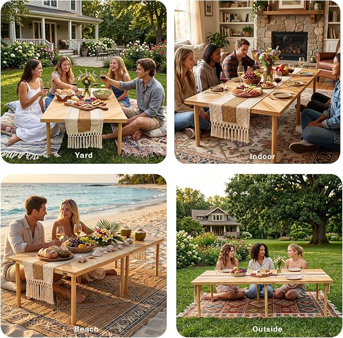 Boho Picnic Table, Portable Low Floor Sitting Table, Outdoor Folding Low Picnic Table for 6 Person, Wooden Low Table with Table Runner for Backyard, Beach, Camping, Wedding