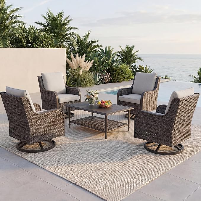 5 Piece Wicker Patio Furniture Set, Outdoor Conversation Set with Deep Seating Swivel Chairs Set of 4 and Rattan Coffee Table, Outdoor Furniture Set for Porch Balcony Garden Poolside (Brown/Beige)