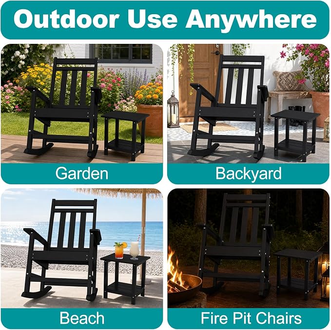 Outdoor Side Table with Storage Shelf, 2-Tier Patio Side Table, HDPE All Weather Outdoor End Tables for Adirondack Chair, Small Patio End Table for Deck Backyard Porch Lawn Poolside, Black