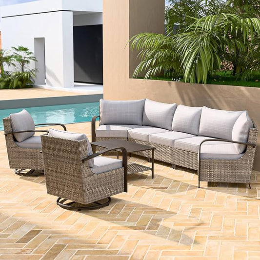 COOS BAY Aurora Terrace 6 Piece Outdoor Sectional Furniture Set, Half Moon Rattan Wicker Conversation Set with Swivel Chairs, 5 Seat Sofa & Coffee Table for Patio Garden Yard, Beige/Beige