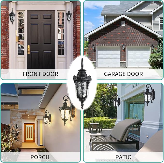 20.47" Outdoor Wall Light Fixture Black Exterior Wall Lantern | Outside Waterproof Sconce Rustic Porch Lights Wall Mount with Hammered Glass Shade for House