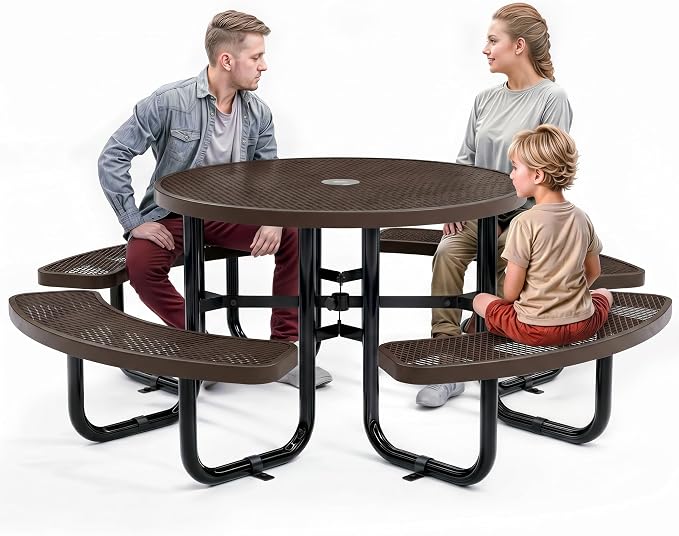 Metal Picnic Tables for Outdoors with Umbrella Hole - Coated Steel Heavy Duty Commercial Grade Furniture Set with Adjustable Seats (Brown, 46 in, Round, Expanded Steel)