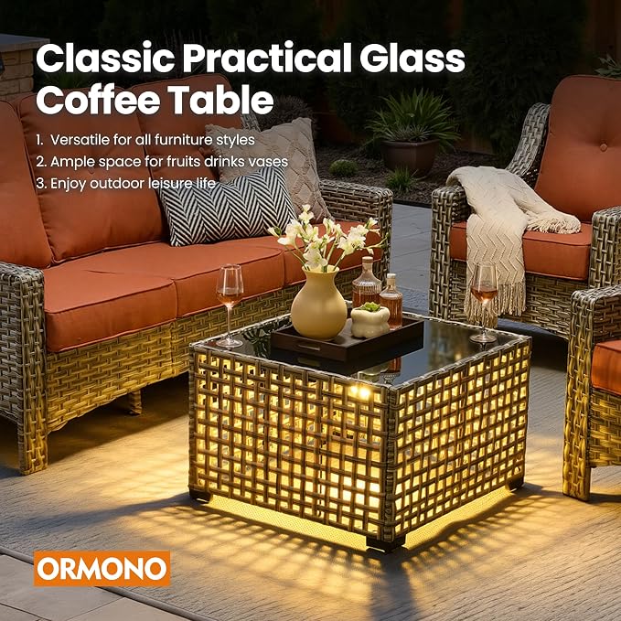 4 Piece Outdoor Patio Furniture Set, All Weather Waterproof Wicker High Back Conversation Set, Two Single Chairs, Solar Light Coffee Table, Outside Furniture for Porch Balcony, Orange