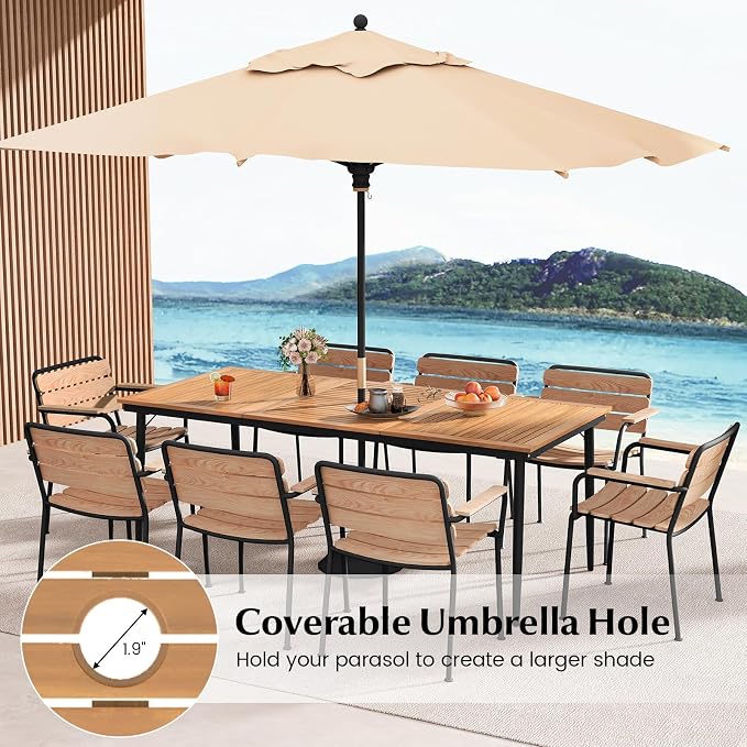 Tangkula 79" Acacia Wood Outdoor Dining Table for 8, Large Rectangular Patio Table with 1.9" Umbrella Hole, Metal Frame & Foot Pads, 8-Person Outside Table for Garden, Poolside & Backyard