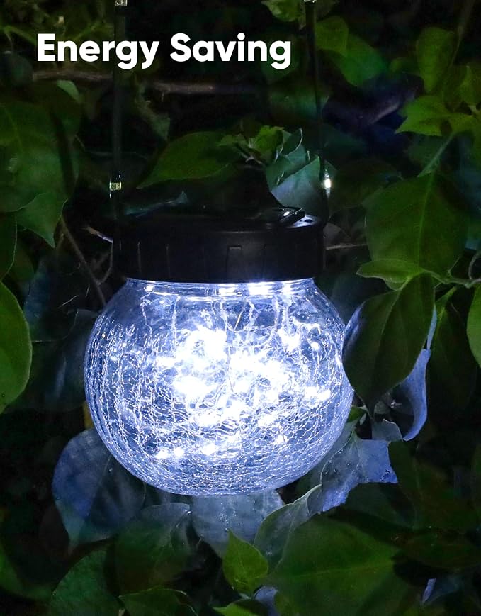 Solar Lights Outdoor Waterproof 12-Pack, Solar Powered Hanging Lantern Cracked Glass Hanging Globes for Yard Decor Christmas Decoration, Shepherd Hook, Garden Tree Ornaments, Cold White