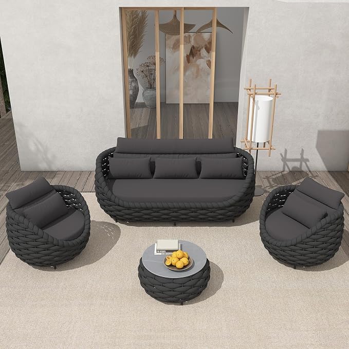 TWT Aluminum Modern Patio Set Three Seater Sofa Outdoor Furniture Set w/Coffee Table,Patio Conversation Set with Hand Woven Teslin Rope for Bedroom Backyard Poolside, Dark Grey