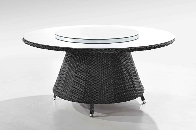 Manhattan Comfort Nightingdale 7 Piece Outdoor Dining Set with Round Glass Lazy Susan | Includes 6 Rattan Chairs, Water-Repellent Cushions and Toss Pillows, Patio Furniture, Black/Orange/White