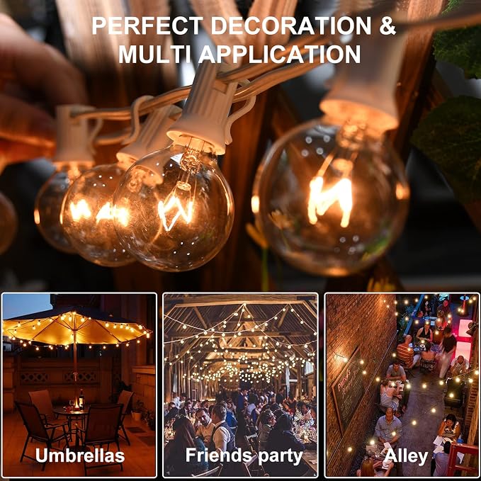 SUNSGNE 50Ft G40 Globe String Lights with 25 Clear Edison Bulbs(5 Spare), White String Lights Outdoor Patio Light for Indoor Outdoor Commercial Decor (White Wire)
