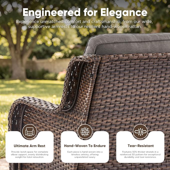 Belord Patio Sofa Luxury PE Wicker 3-Seater Outdoor Couch, Modern All-Weather High Back Deep Seat Woven Furniture Set for Porch, Deck, Balcony, Backyard - Brown/Grey