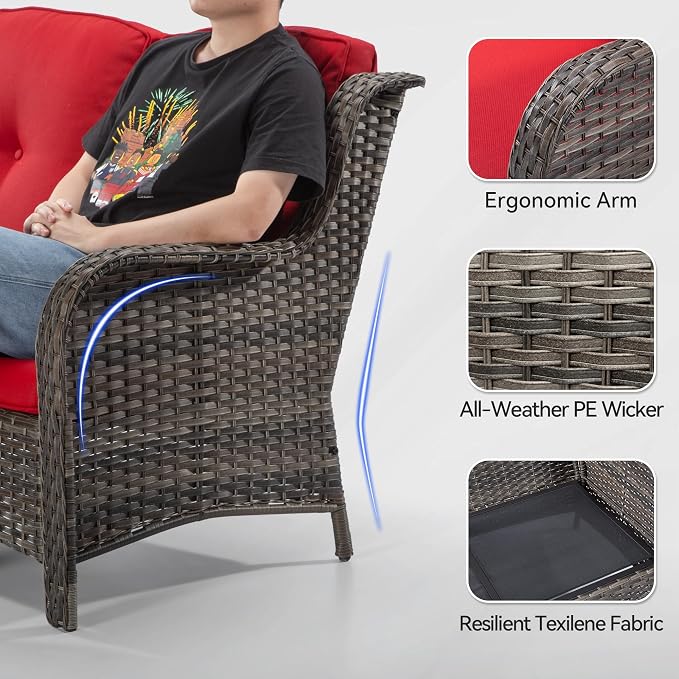 Patio Furniture Set 5-Piece Wicker Outdoor Furniture Conversational Set with 3-Seat Sofa, 2 Armchairs, 2 Ottoman Patio Rattan Wicker Sectional Sofa Set with Olefin Cushions, Red