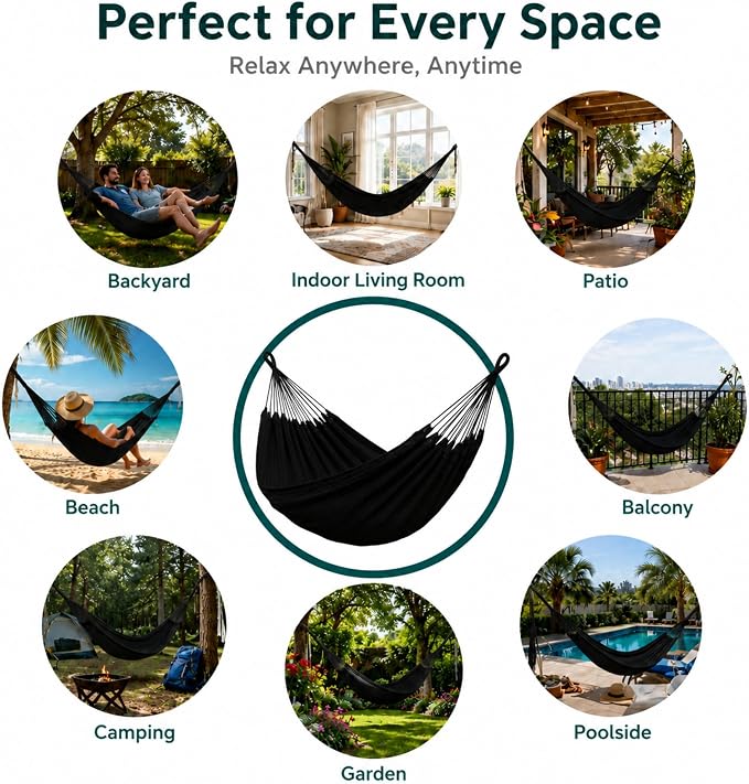 Hammock for 1-2 Person, 475 lbs Capacity – Handwoven Mexican Hammock, 100% Soft Cotton – 9.8 ft Mayan Hammock for Patio, Backyard, Indoor & Camping – Medium, Black