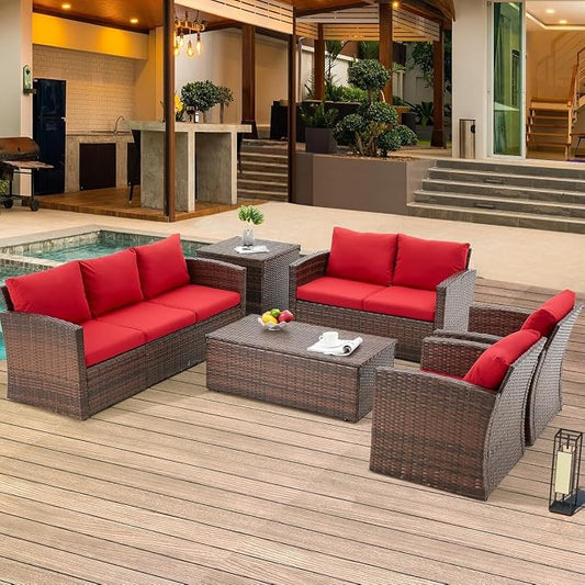 7 PCS Outdoor Patio Furniture Set with Storage Boxes & Cover, Rattan All-Weather PE Wicker Sectional Sofa Conversation Set for Backyard Garden Deck, Cushions Included