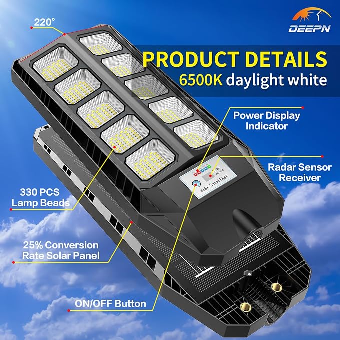Deepn Solar Lights Outdoor, IP66 Waterproof Street Lights Outdoor, TW001 | 6500K Dusk to Dawn Solar Security Flood Lights Motion Sensor with Remote Control for Yard, Entryway Garage, Porch 2 Pack