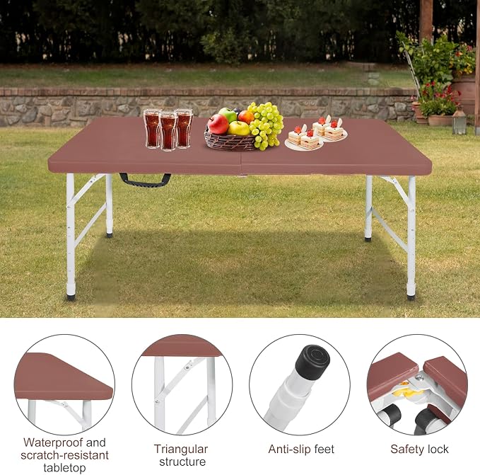 Portable 4Ft Folding Table, Heavy Duty Plastic Fold-in-Half Utility Foldable Table, Adjustable Height Plastic Folding Table with Carrying Handle for Camping &Party Indoor/Outdoor (Brown)