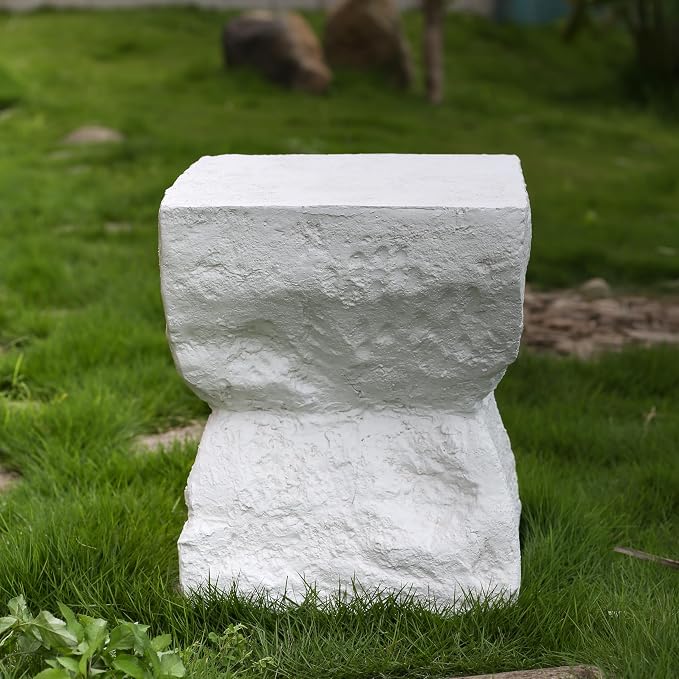 Christopher Knight Home Nataly 18.5" H Small Outdoor Side Table, Hourglass-Like Shape Carved Garden Stool, Lightweight Concrete End Table, Patio Decorative Home Stool for Balcony Backyard, White