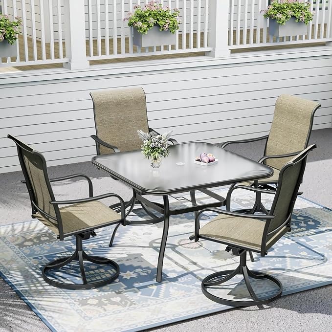 Outdoor Patio Set, 37" Square Glass Dinging Table and 4pcs Swivel Chairs, All-Weather Patio Furniture Set with 1.7" Umbrella Hole for Garden Backyard Lawn Poolside