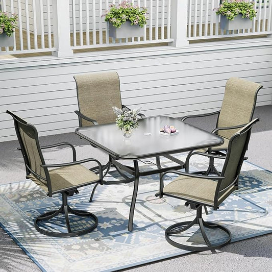 Outdoor Patio Set, 37" Square Glass Dinging Table and 4pcs Swivel Chairs, All-Weather Patio Furniture Set with 1.7" Umbrella Hole for Garden Backyard Lawn Poolside