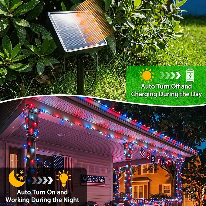 KAQ 2pack 500LED Solar String Lights Outdoor Waterproof Red White Blue | Total 180FT Flexible Wire With Bright LEDs, 8 Twinkle Modes with Memory, Auto On/Off Easily Decorates Trees, Fences, Garden