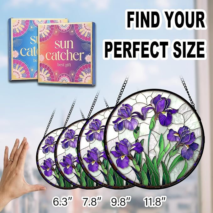 Birthday Gifts for Women - Purple Iris Faux Stained Glass Window Hanging Sun Catcher for Door Garden Acrylic Flower Decor Mother's Day Christmas for Mom Nana Friend Grandma Wife 6.3"