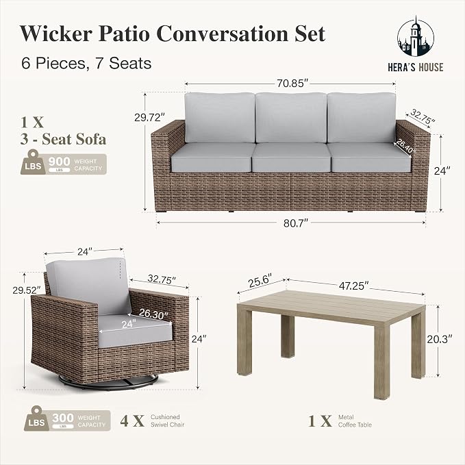HERA'S HOUSE Swivel Glide Patio Furniture Conversation Set, Outdoor Wicker Chairs with 4.92" Widened Armrest, 6 Pieces Deep Seating Rattan Sofa with 5.5" Gray Cushions for Deck Garden Yard