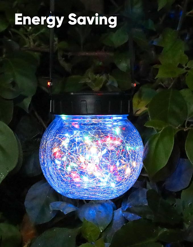 Solar Lights Outdoor Waterproof 12-Pack, Solar Powered Hanging Lantern Cracked Glass Hanging Globes for Yard Decor Christmas Decoration, Shepherd Hook, Garden Tree Ornaments, RGB