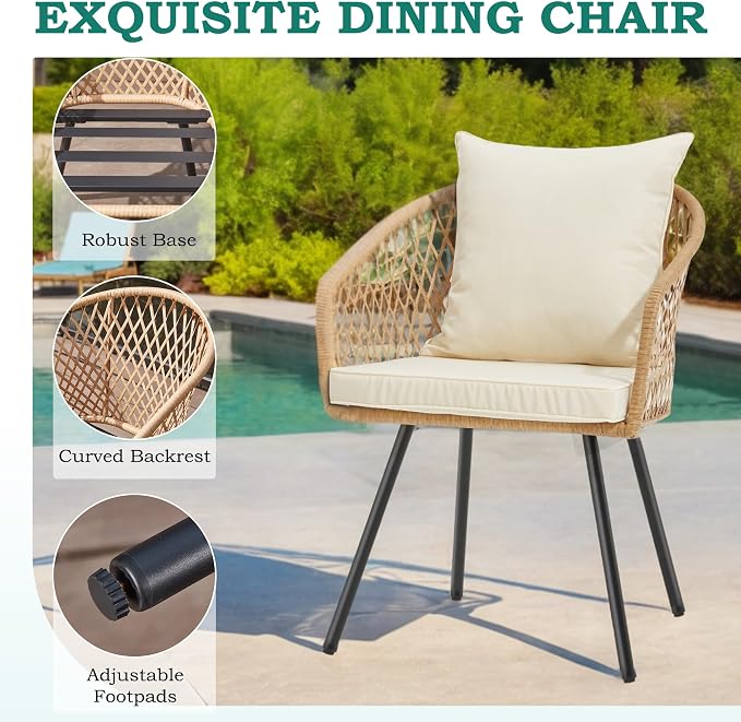 ECOTOUGE 5 Piece Patio Dining Set, Wicker Outdoor Furniture Set w/Glass Round Table, 4 PCS Chairs w/Waterproof Cushions for Backyard Garden Deck, Yellow/White