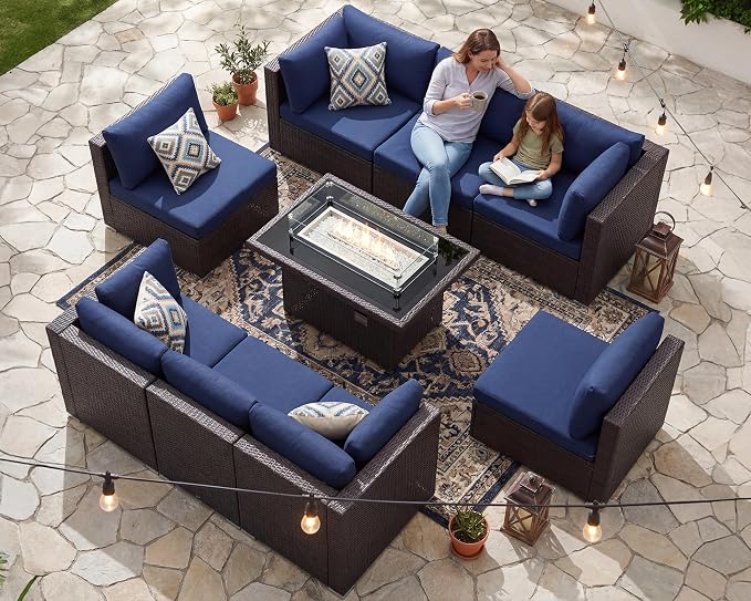 NICESOUL 9 Piece Patio Sectional Sofa Set with Fireplace Natural Gas/Propane, 29.3'' High Back Deep Seats Outdoor Conversation Couch, Extra-Large Wicker Furniture Sets, Brown Rattan and Blue Cushion