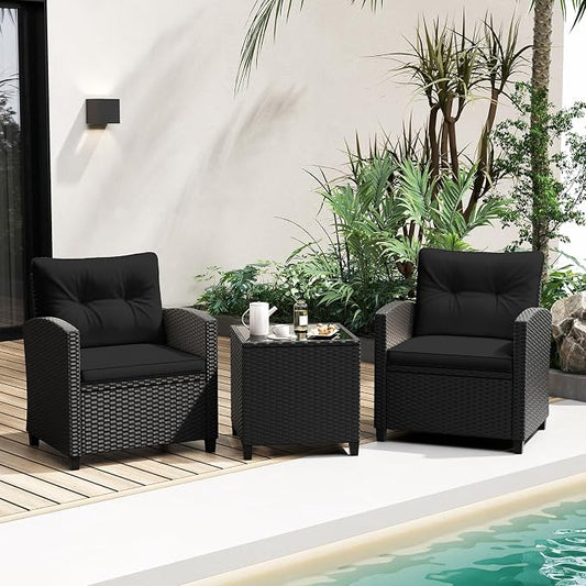 RELAX4LIFE 3-Piece Patio Furniture Set - Wicker Rattan Bistro Sofa Set with Glass Top Coffee Table, Washable Cushions for Porch, Balcony, Backyard, Poolside, Outdoor Conversation Set (Black)