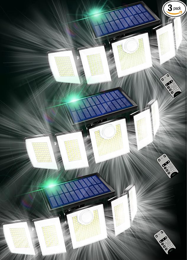 MDCMDCM Solar Lights Outdoor Waterproof Motion Sensor - 416 LEDs 3000 Lumens Super Bright 3 Brightness 3 Modes 360° Illumination 32ft Solar Flood Security Light for Outside (‎with Remote Control, 3)