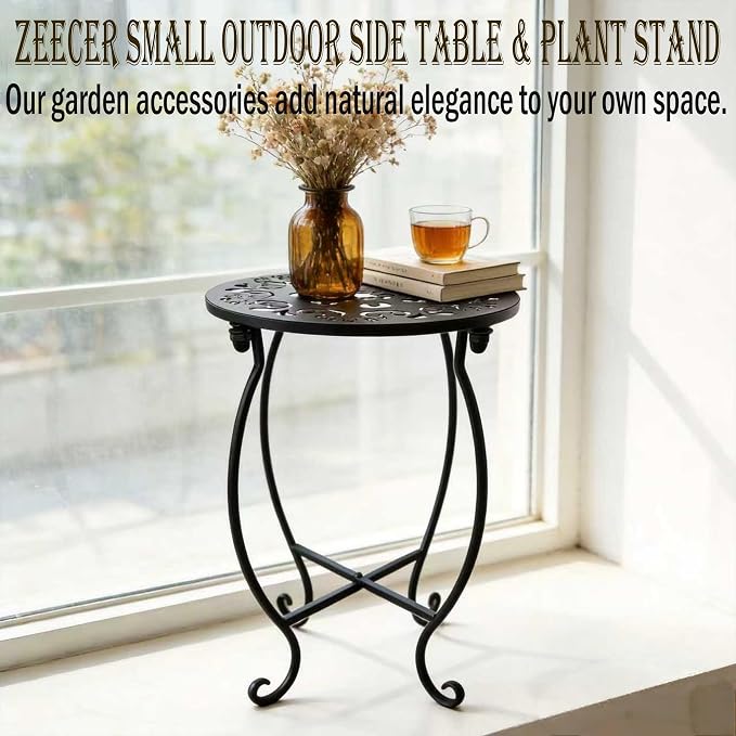 Outdoor Side Tables, 10" Round 15" Tall Patio Side Table, Set of 2 Metal Small Round Side Table for Patio Yard Porch Balcony Garden Bedside, Plant Stand for Indoor Outdoor