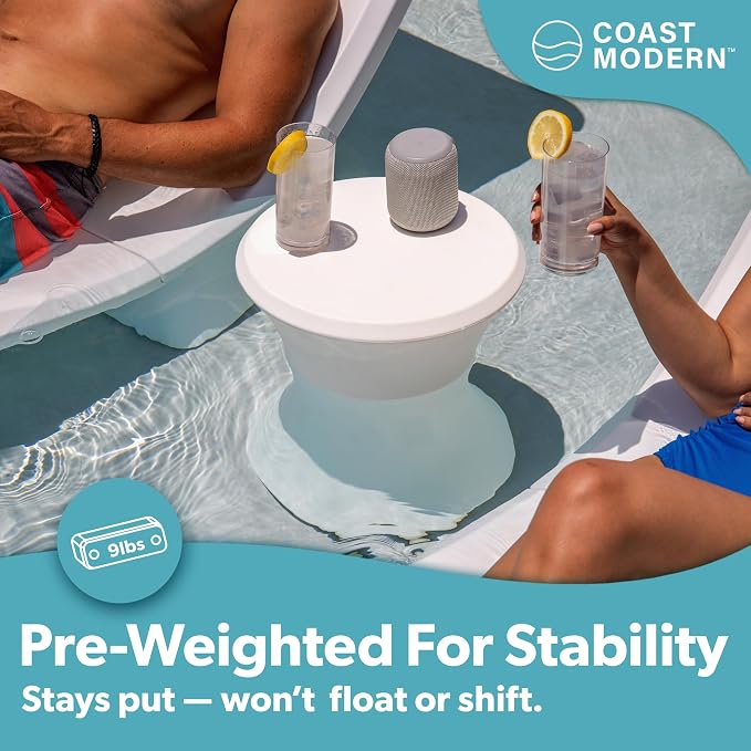 Coast Modern Outdoor Side Table - Lounger Table for Inside Pool or on Patio - All-Weather Furniture for Sun Shelf Up to 15" - White