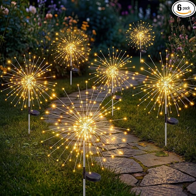 Solar Firework Lights, 6 Pack 120 LEDs 8 Lighting Modes Solar Fairy Garden Lights Outdoor Waterproof for Yard Patio Walkway Pathway Party Wedding Balcony Decorative- Warm White