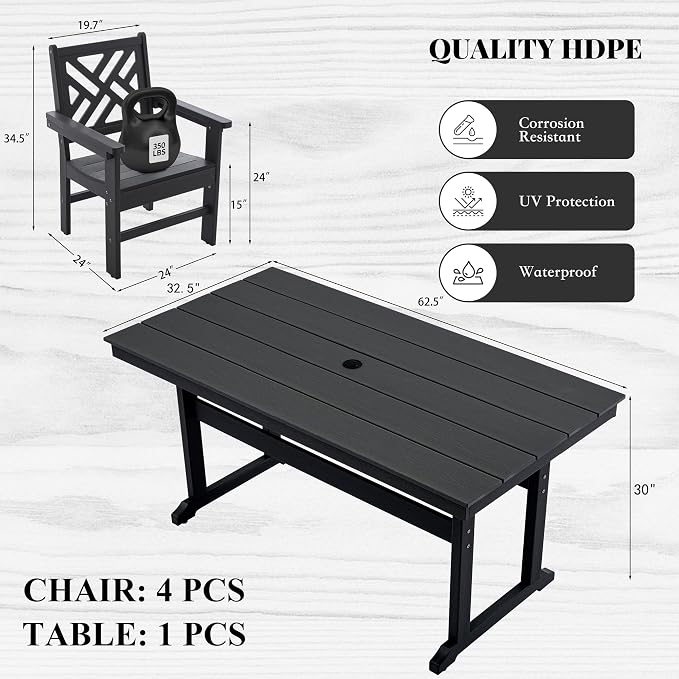 HDPE Dining Table Set for 4,5-Piece Outdoor Table and Chairs Include 4 Dining Chairs and 62.5" Patio Dining Table with Umbrella Hole (Black)