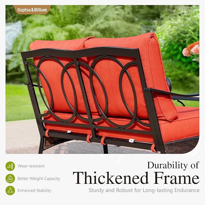 Sophia & William Patio Furniture Set with 56" Fire Pit Table, Metal Outdoor Conversation Set Patio Sectional with 3-Seater Sofas, 2 Rocking Chairs, 2 Ottomans, 1 Firepit Table for Porch Deck, Red
