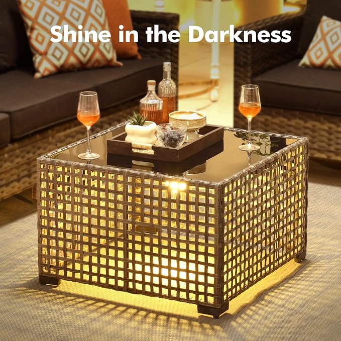 4-Piece Outdoor Patio Furniture Set,All Weather Wicker Rattan Patio Seating Sofa and Chair Set with Glowing Coffee Table,Outdoor Conversation Sets with 3 Seater Couch for Porch Deck Yard,Black